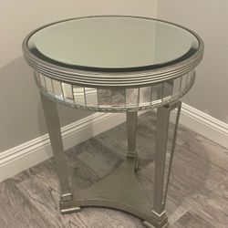 Horchow Mirrored Round Side Accent  End Table, Silver