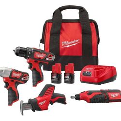 Brand New Milwaukee 2497-24H 12V Cordless 4-Tools Combo Kit w/ 2 1.5 Batteries & Charger.