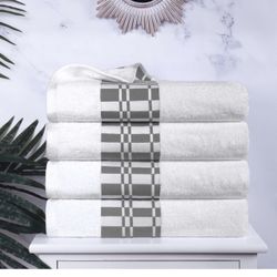 4-Piece Cotton Bath Towel Set, Geometric Design, Dobby Border white(50”L x 28”W)