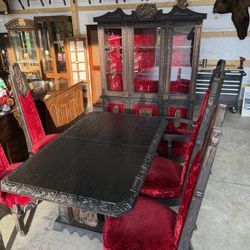 Hand carved Brutalist Dining Room Table And Chairs 
