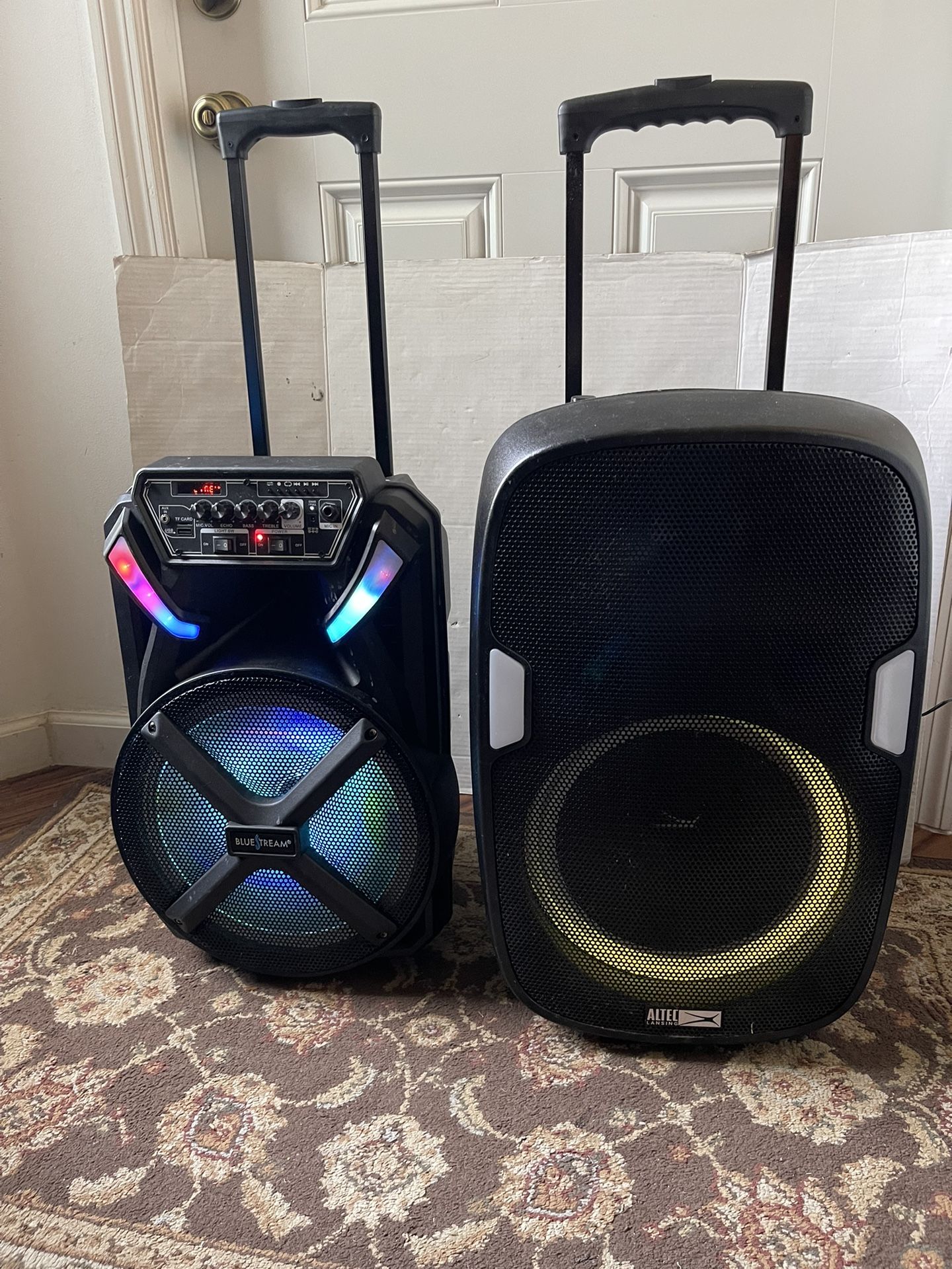 2 Rechargeable Bluetooth Speakers And 1 Stand In Working Condition $90 Both Firm On Price