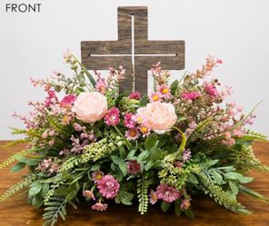 Pink Flower Arrangement with Wooden Crosd