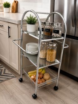 Beautiful silver rolling cart for  kitchen, bathroom, bedroom.
Measurement 12x 14 width. 36 height.