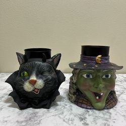 VTG Halloween Set of 2 Candle Holders Witch Mischievous Winking Cat Devil Horns