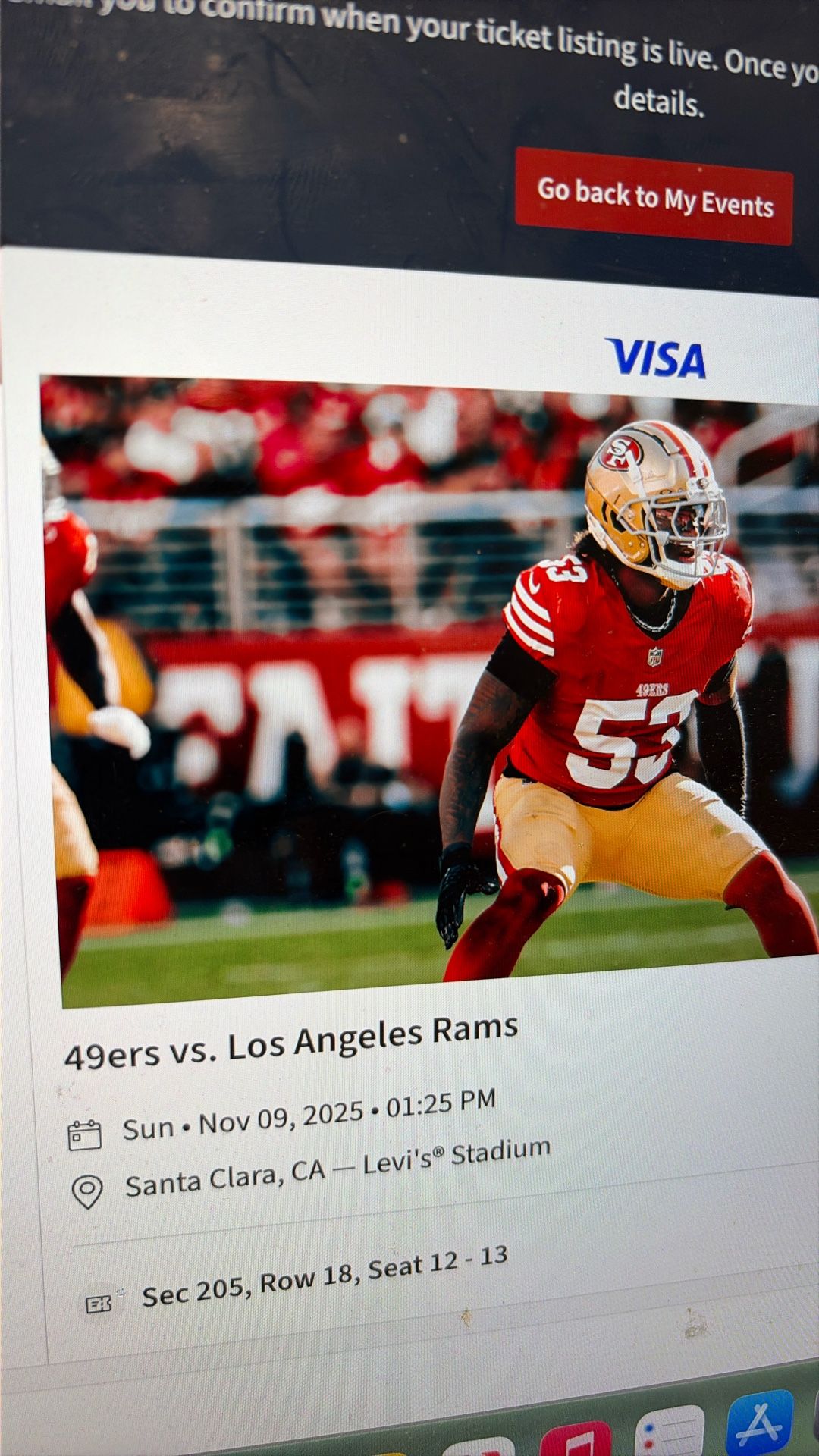 Niners vs LA Rams Section 205 Row 18 Two Tickets!