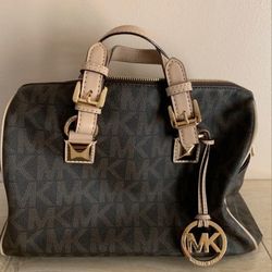 Michael Kors Grayson satchel in signature coated canvas and leather with a brown and beige color scheme. 