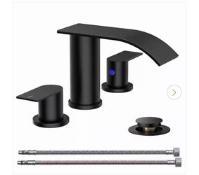 8 in. Widespread Double Handle Bathroom Faucet with Metal Drain in Matte Black