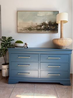 Blue 6-Drawer Dresser with Gold Hardware