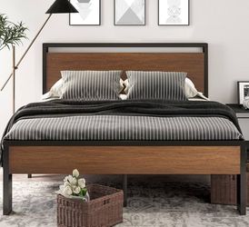 Clearance Queen Size Metal Platform Bed Frame with Wooden Headboard and Footboard, Mattress Foundation, No Box Spring Needed, Large Under Bed 