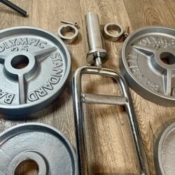 Triceps Bar With IVANKO Vintage Cast Iron Weight Plates  25s And 10s [ I’ll Throw In Pair Of 5s Diff/brand]