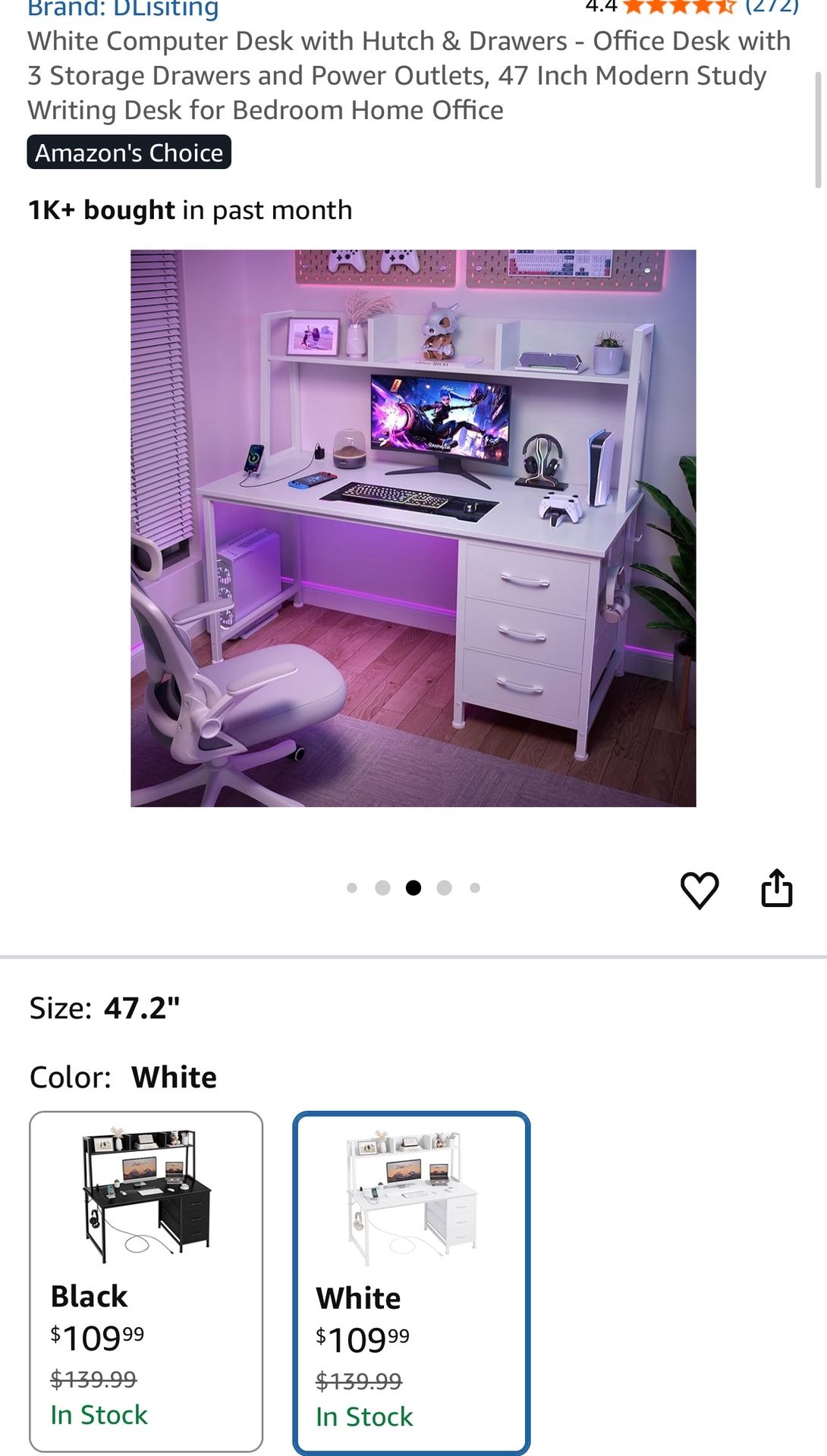 White Computer Desk with Hutch & Drawers - Office Desk with 3 Storage Drawers and Power Outlets, 47 Inch Modern Study Writing Desk for Bedroom Home Of