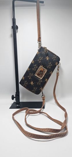 Beverly Hills Polo Club Crossbody Wallet Bag with Wristlet Strap - Black & Gold Monogram