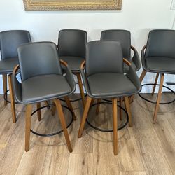 Modern Gray Faux Leather Bar Stool Chair w/ Wood Legs & Black Metal Footrest – Mid Century Style
