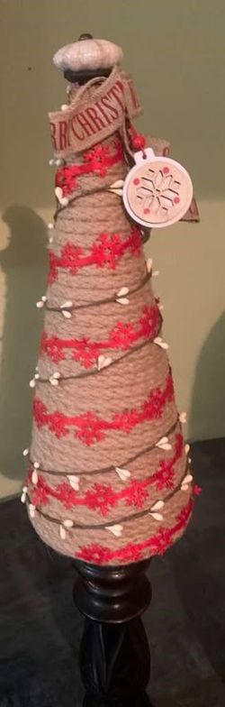 Rustic Burlap Christmas Tree Decor on Carved Wood Pedestal