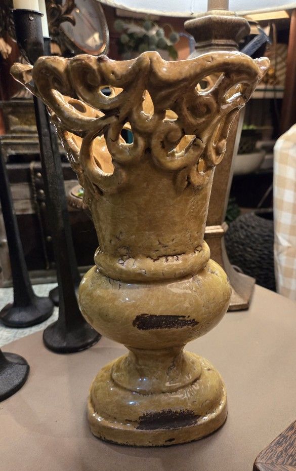 Unique Yellow Distressed Vase With Cutouts