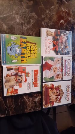 5dvds,#1 Benji 4 movies on 2 dvds,#2 A golden chrstmas,#3 A golden christmas 2, #4 Disney school house rock earth,#5 the 12 dogs christmas.