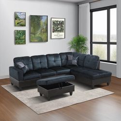 Dark Blue Sectional Couch Set And Ottoman