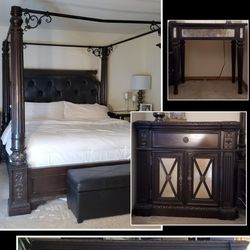 King size bedroom set, Canopy bed, Dresser with Mirror, Nightstand, Bedside Table