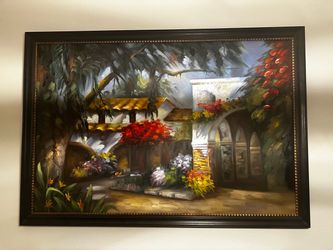 Hand-Painted Oil on Canvas Courtyard Scene 78 x 54