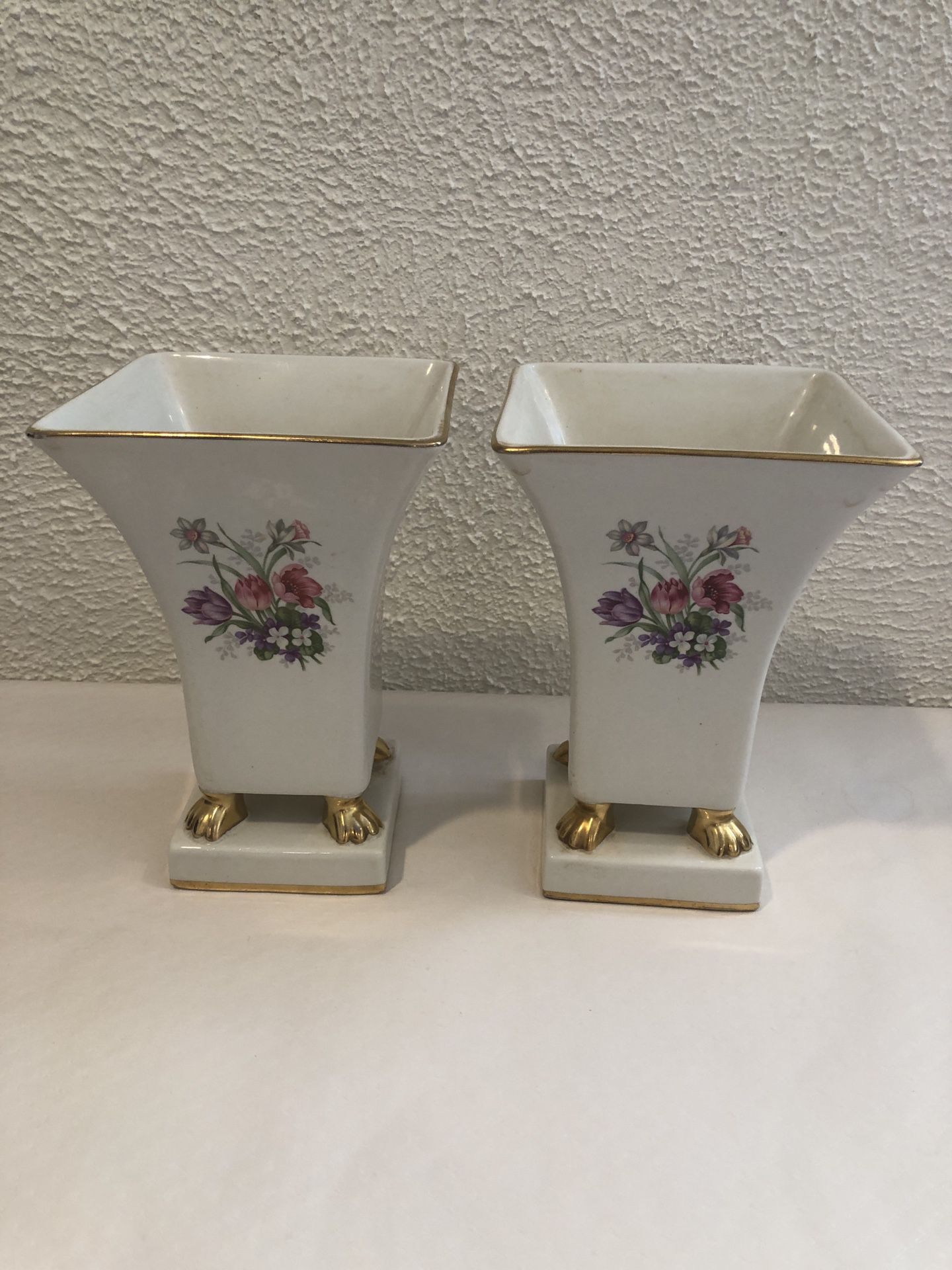 A Pair Of Vintage Trenton Art Potteries Floral Flower Gold Footed Square Mantel Vases 8” Tall 5.5” Wide Made In USA