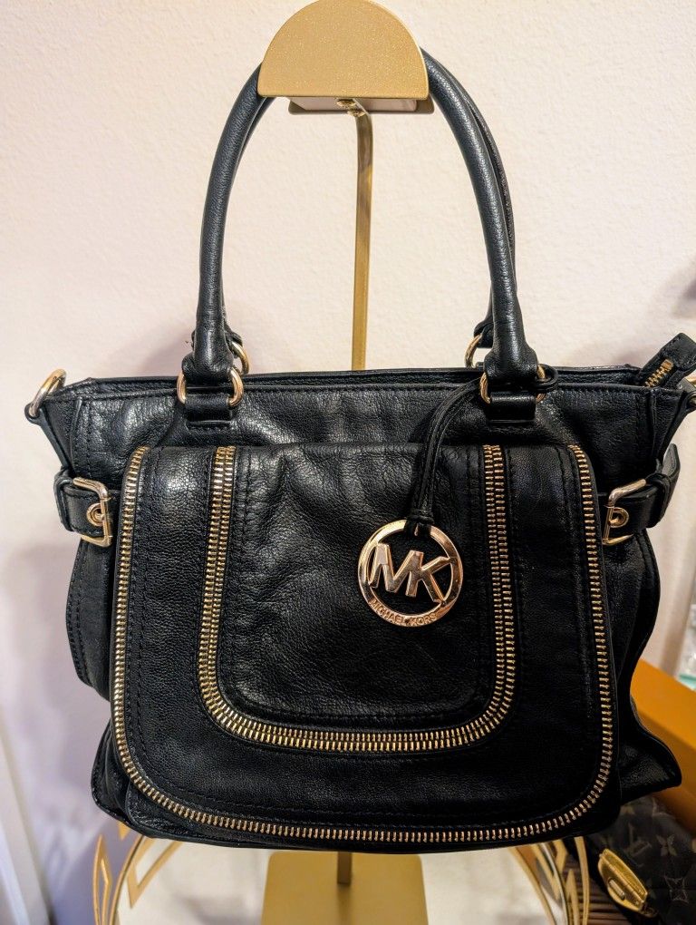 Michael Kors Black Leather Handbag With Gold Accents