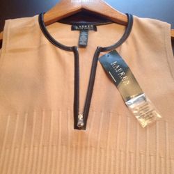 NWT LAUREN RALPH LAUREN Faux-Leather Trim Beige Dress Sz L, Retail : $225.00+Tax