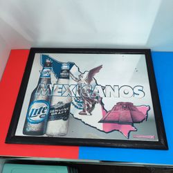 Vintage Miller Lite/Genuine Draft Mexicanos Beer Mirror Wall Art Decor sign advertisement poster