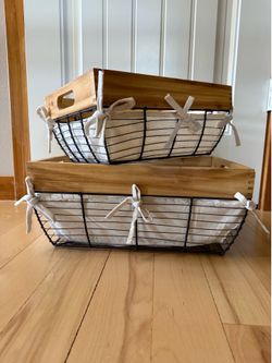 storage baskets wood/metal large 15"x11.5"x 6.5" small 13" x 9" x 5.5"
