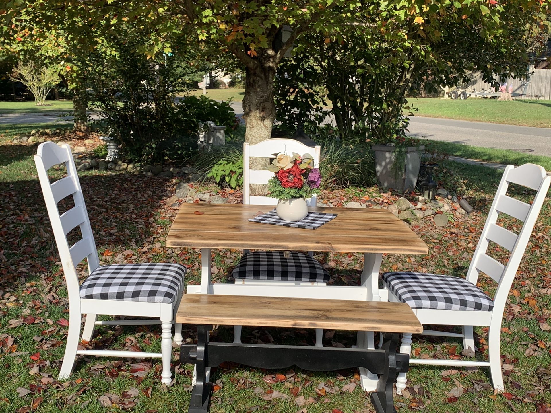 Authentic farmhouse kitchen set 22x4434x44drop leaf table 3 buffalo plaid chairs bench