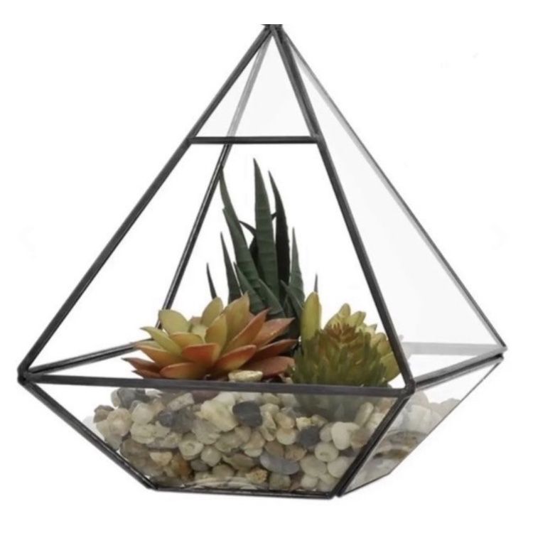 Clear Glass Hanging or Tabletop Pyramid-Shaped Planter Centerpiece with Faux Succulent Plant Terrarium