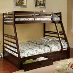 Brand New Espresso Twin Over Full Bunk Bed w Trundle Drawers 