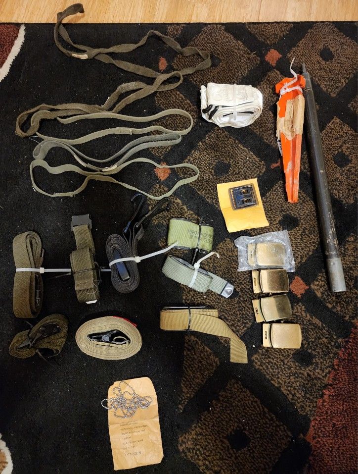 Military Straps, Buckles, ID Necklace, Reflective Belt, Tent Pegs