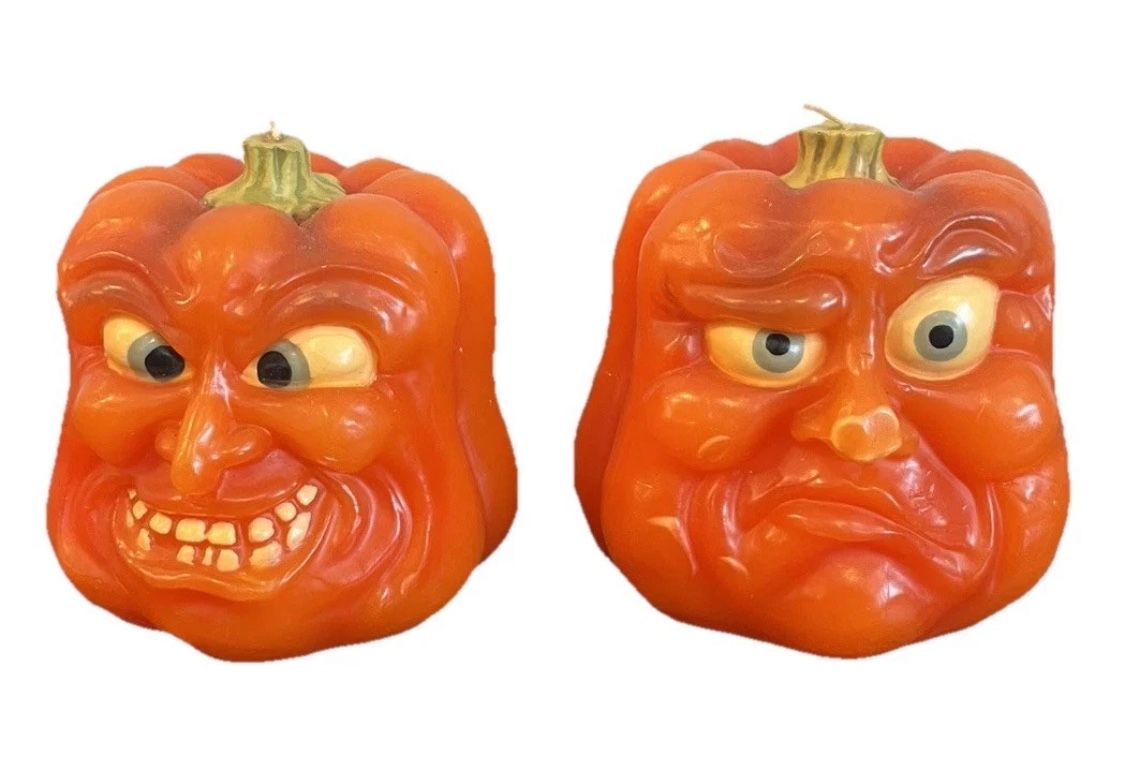 Pumpkin Jack-O-Lantern Candle Anthropomorphic Halloween Face Wax Pair Set 2 New
