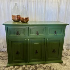 💚 green buffet sideboard server display cabinet boho farmhouse shelves bookshelf hall kitchen hutch