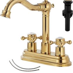 GGStudy Bathroom Faucet Polished Gold 2 Handles 4 Inches Centerset Bathroom Vanity with Drain Assembly