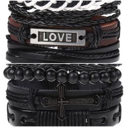 2 x Set Adjust. Size up to 9.5inc Leather Bracelet, (Love-Cross)