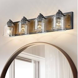 YKLITG 31.5" Large Farmhouse Bathroom Vanity Light,4-Light Brown Metal Vanity Light with Bubble Glass Shades,Rustic Wall Sconce Lighting Fixtures