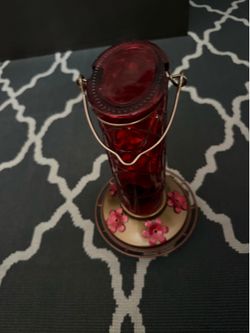 Red Glass Hummingbird Feeder with Metal Base