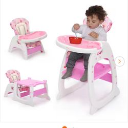 3-in-1 Convertible Toddler High Chair Table Baby Booster Seat with Feeding Tray, Pink