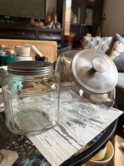 Large Vtg Glass Storage Cannisters  / Jars with Chrome Lids - Set of 2