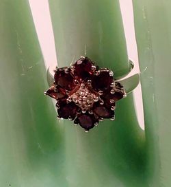 Sterling silver lab created ruby cluster ring, pre owned in box, SALE