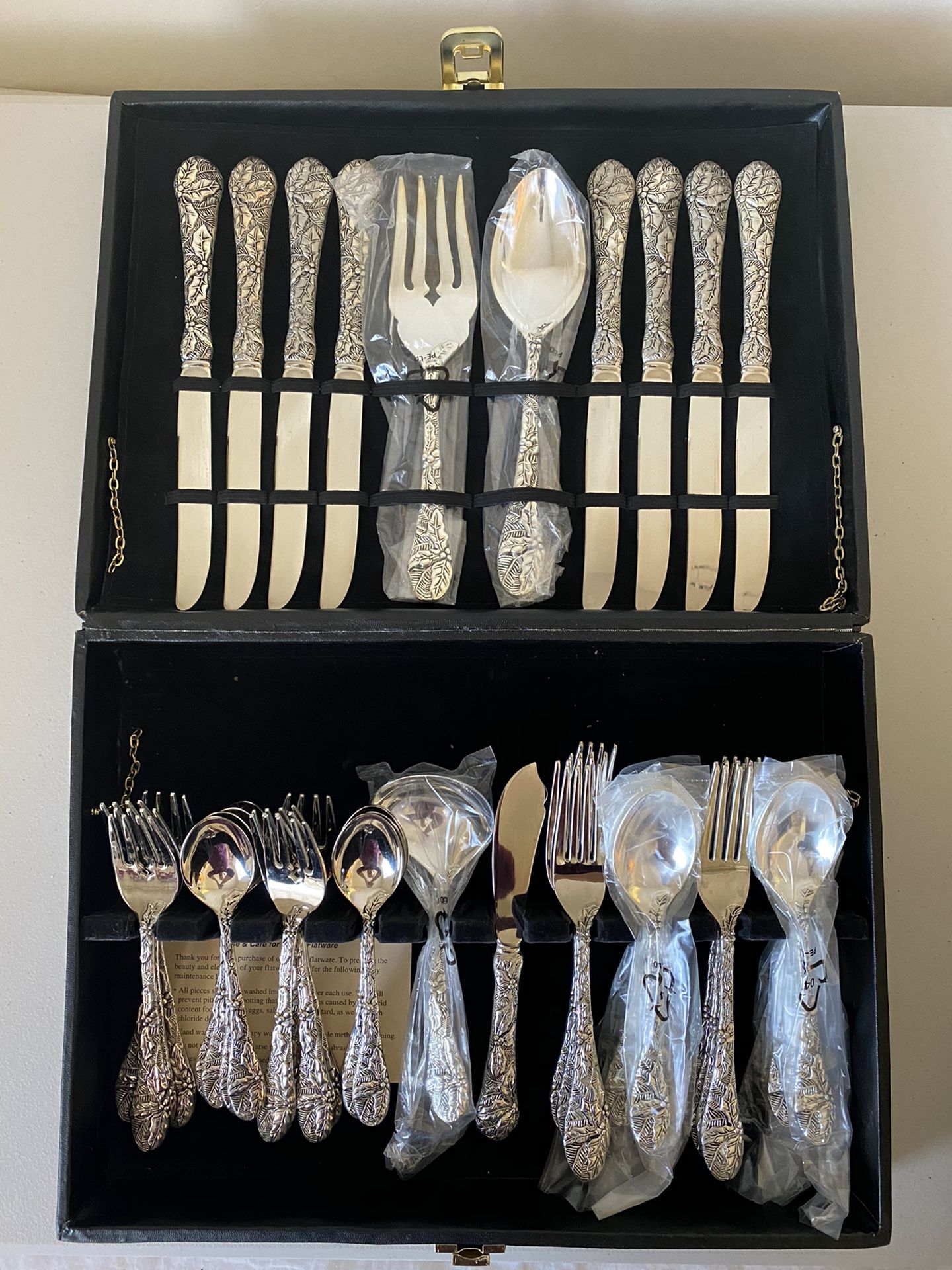44 piece silverplated / antique finish flatware set