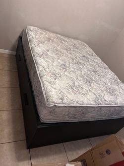 Queen mattress, IKEA frame and nightstand