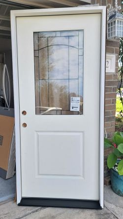 Legacy 36 in. x 80 in. Right Hand Inswing 1/2 Lite Decorative Knox Glass White Primed Fiberglass Prehung Front Door