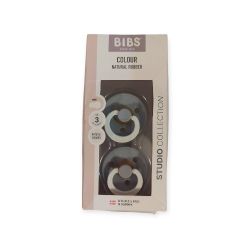 pack of BIBS Colour natural rubber baby pacifiers from the Studio Collection in the color Iron/Baby Blue. 