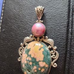 Natural Ocean Jasper - Madagascar 925 Sterling Silver Pendant Jewelry  With Real Pearl.