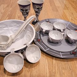 Skeleton Halloween Punch Bowl, Cups, Wine Cups & Platter