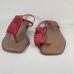 Womens Chico's Bahia Red Leather Suede Sandals Fringe Boho Size 8.5M 