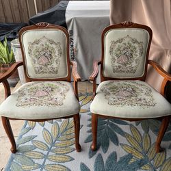 Pair of Vintage French Provincial Armchairs - Courting Couple Tapestry