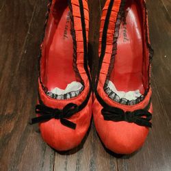 Red Satin and Black Lace Heels